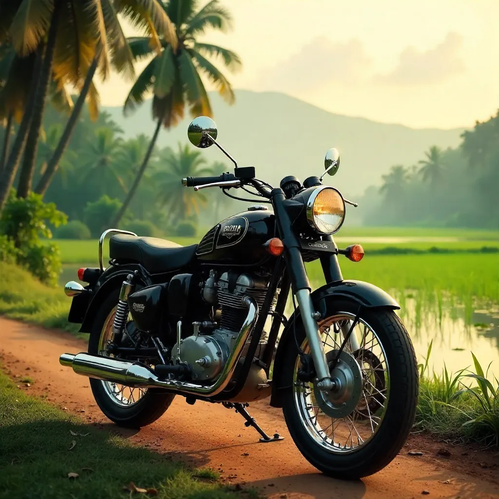 Black Vintage Motorcycle in Kerala Landscape