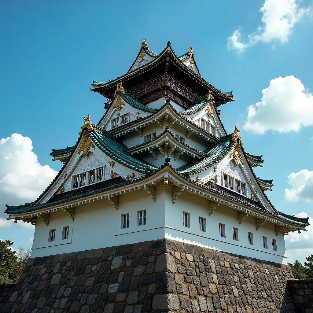 Ornate Rooftop of Osaka Castle under a Bright Sky