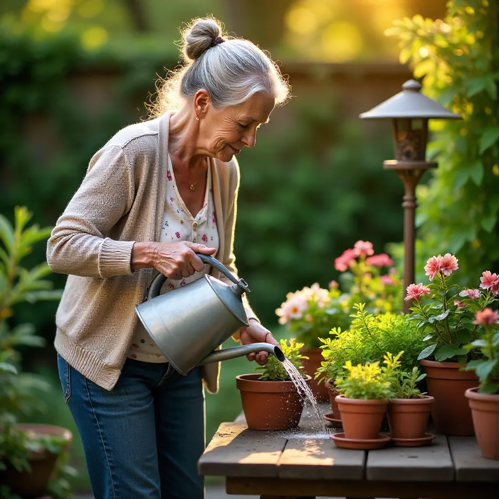 Gentle Elder Woman Watering Her Garden