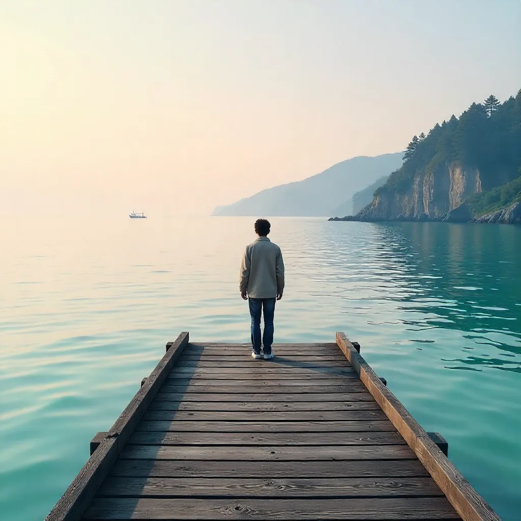 Lone Figure on a Tranquil Nishiizu Pier at Dawn