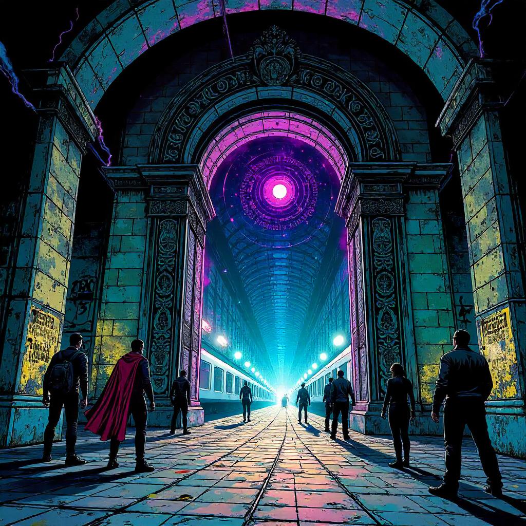 Neon Gateway Portal in a Comic Subway Station