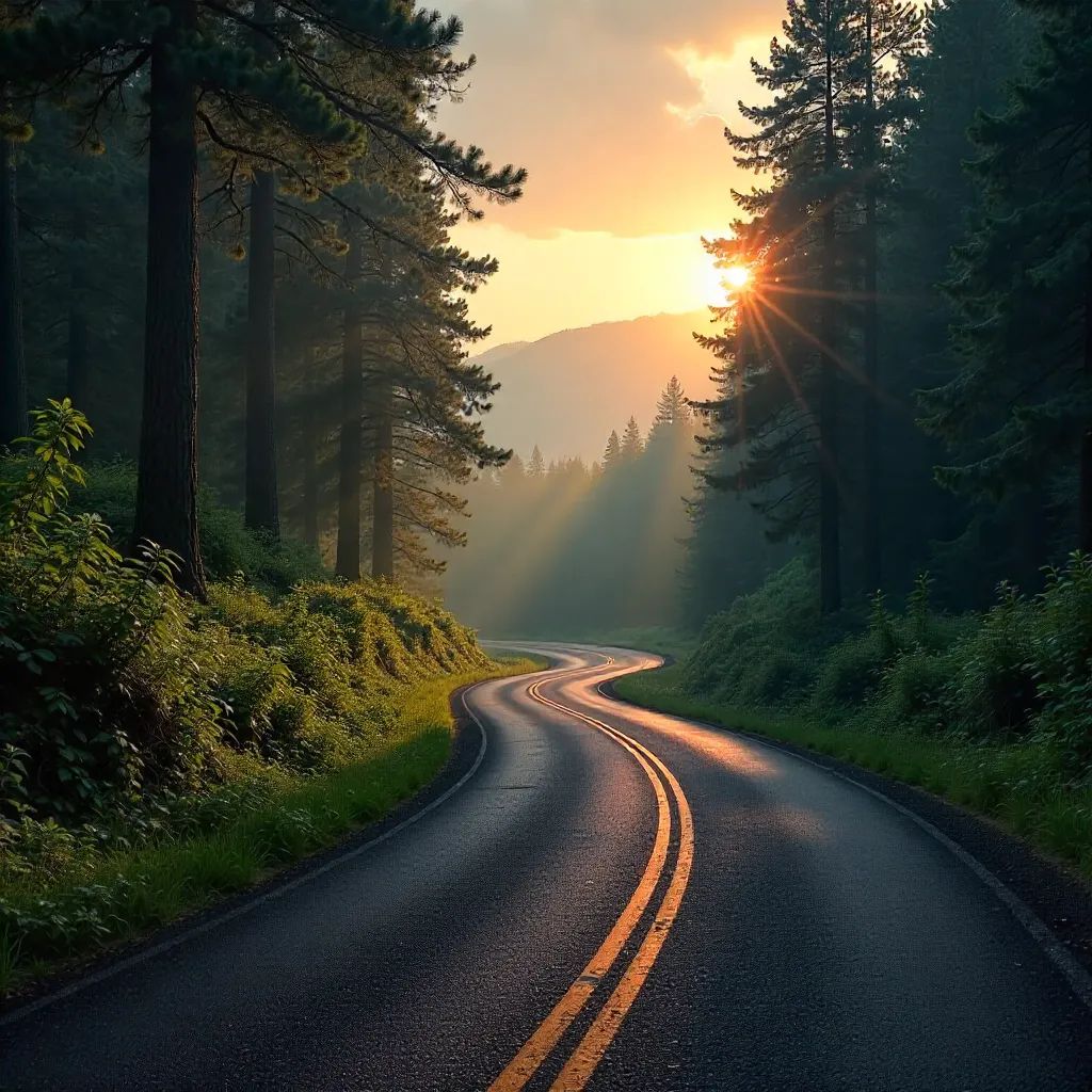 Evening Road Through Lush Forest
