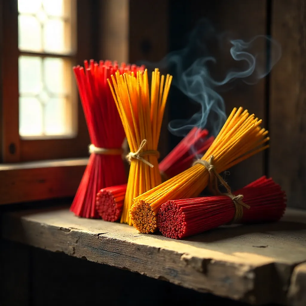 Red and Yellow Incense Bundles on Rustic Wood Shelf