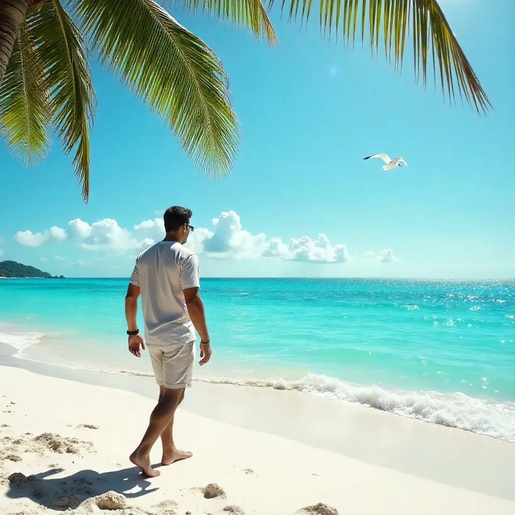 Sunlit Beach Stroll: Serene Ocean View