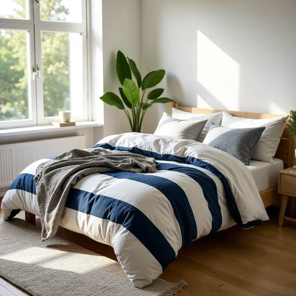 Cozy unmade bed with striped bedding in sunlit room