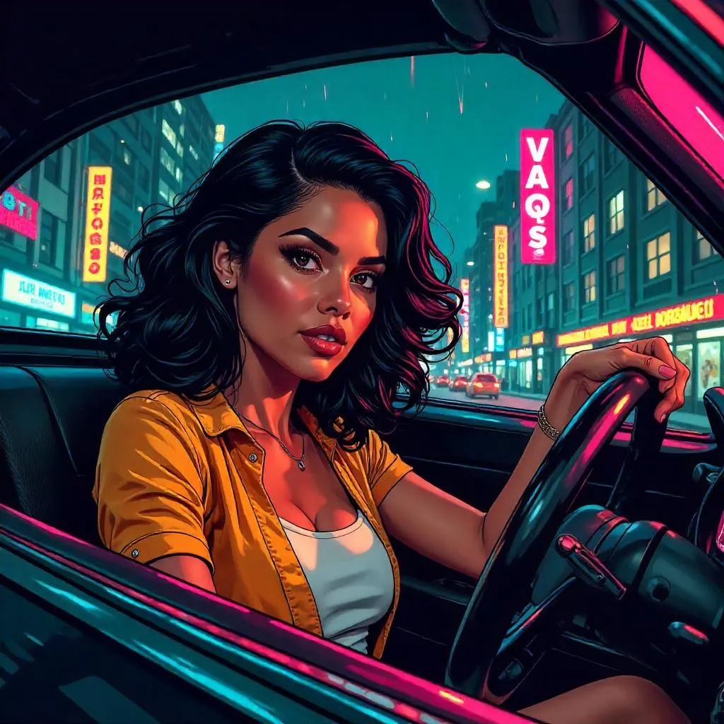 Latina Hero in a Neon City Car