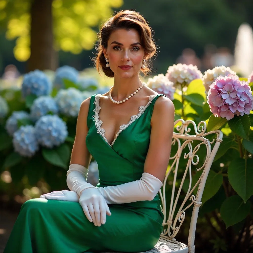 Elegant Green Dress in a Sunlit Hydrangea Garden