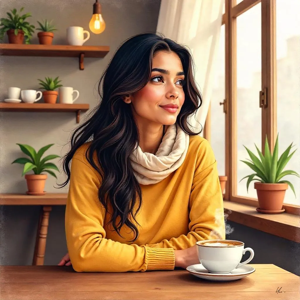 Watercolor Moment: Indian Woman in a Coffee Shop