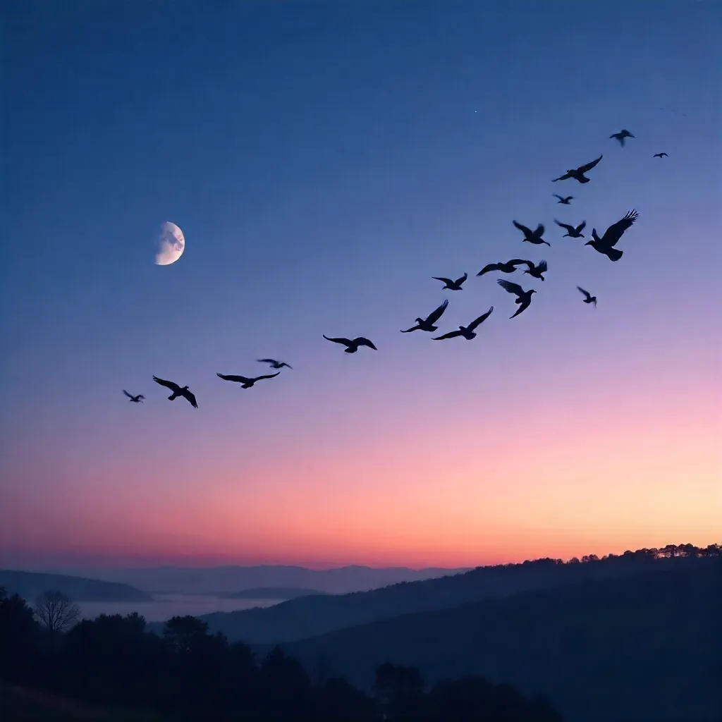 Twilight Flight Under a Crescent Moon