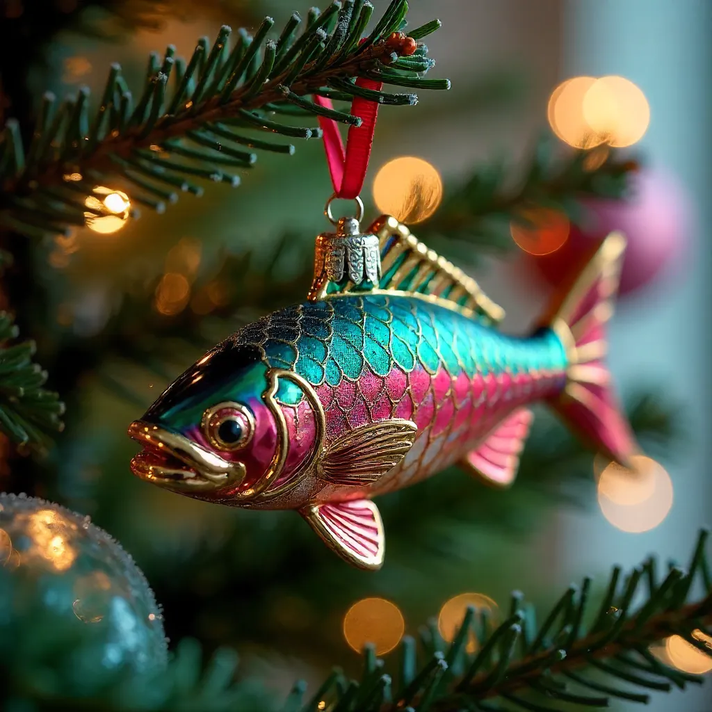 Vibrant Glass Fish Ornament on a Festive Christmas Tree Branch