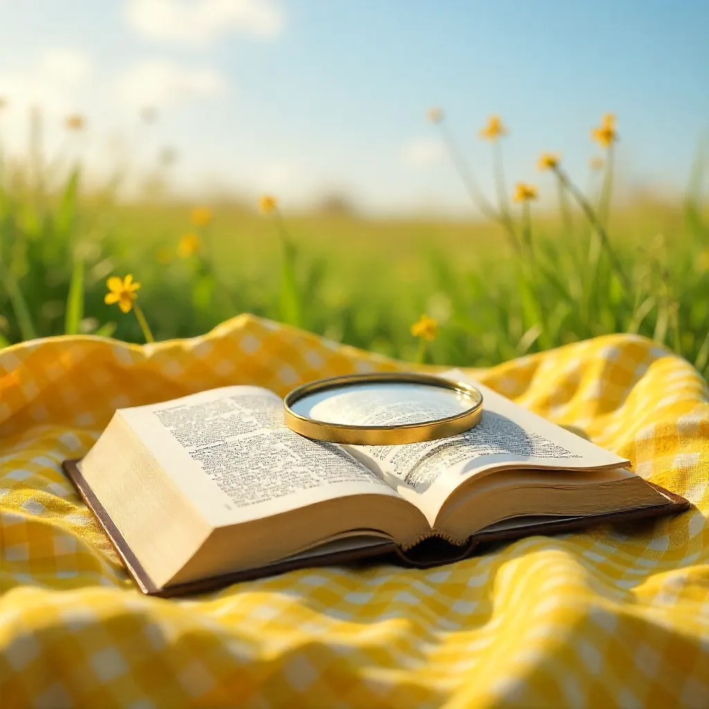 Open Book with Magnifying Glass on a Gingham Blanket