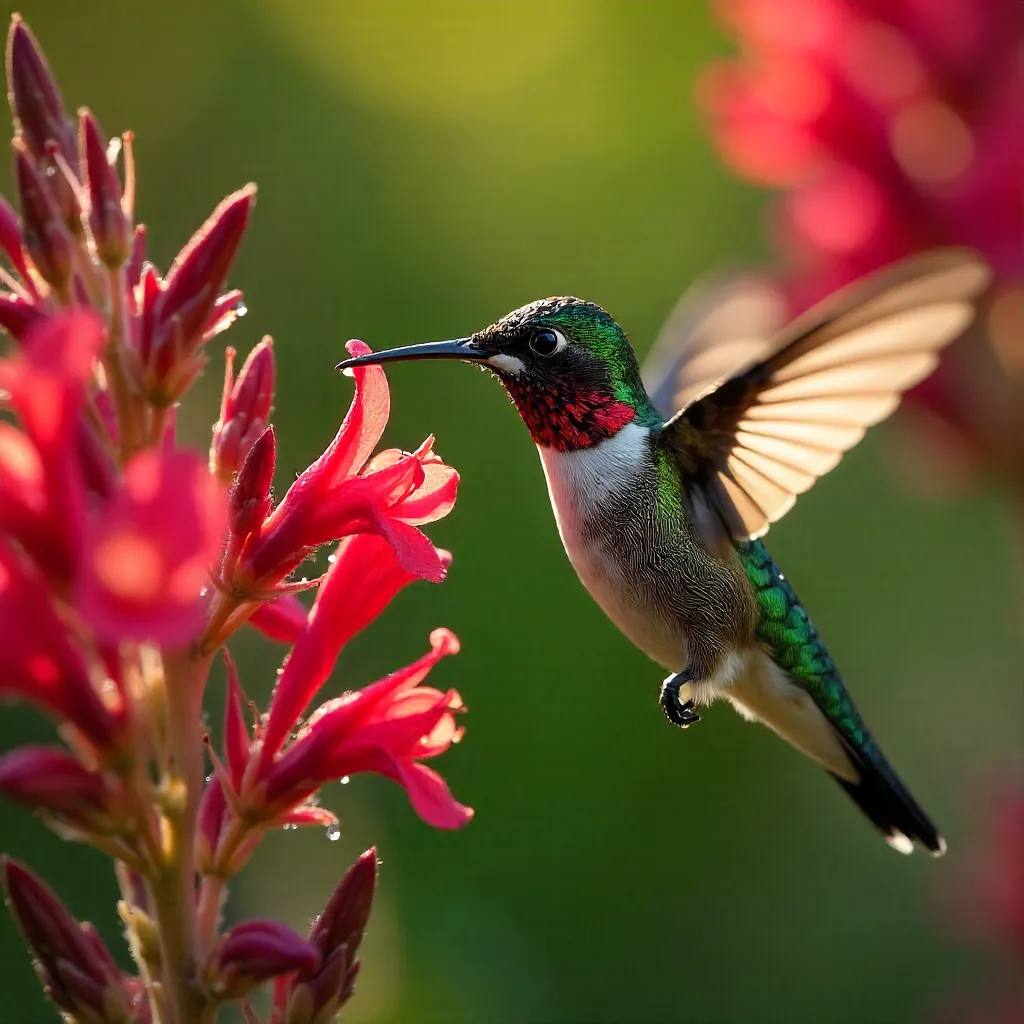 Anna's Hummingbird in a Red Bloom Garden