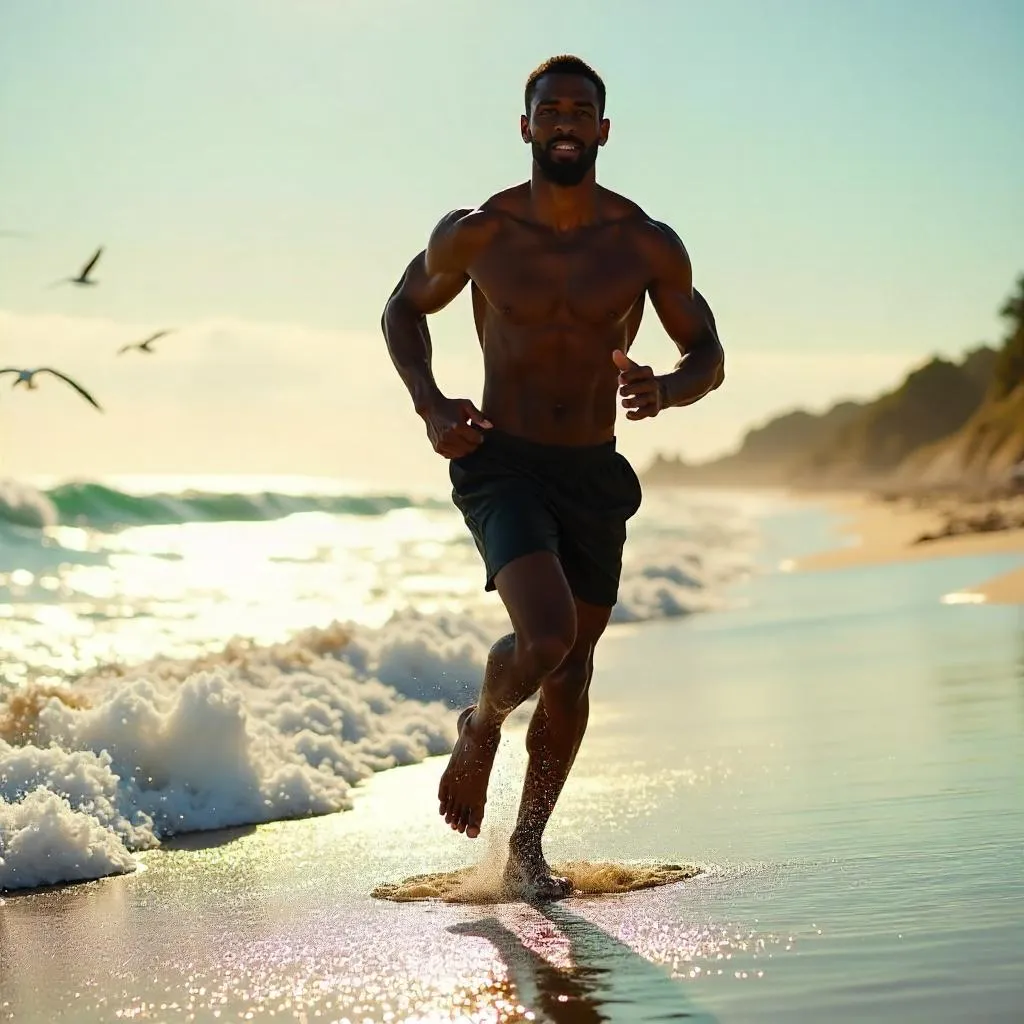 Photorealistic Athletic Black Man on a Sunny Beach