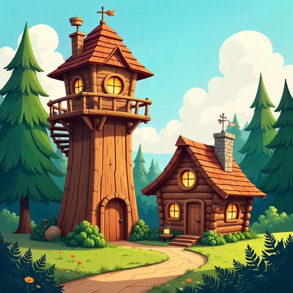Whimsical Cartoon Tower Beside a Log Cabin