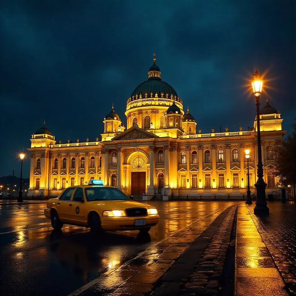 Yellow Taxi by Dolmabahçe Palace at Night