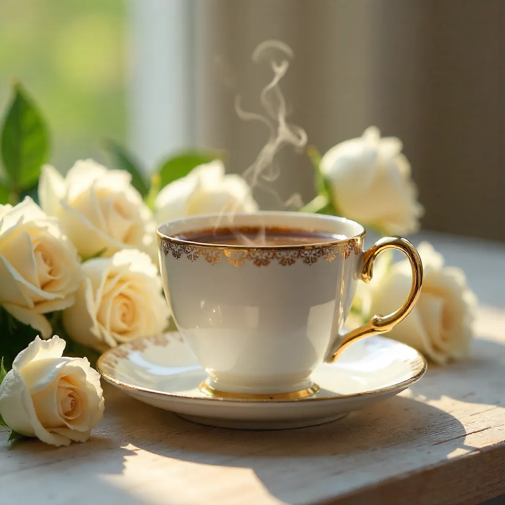 Elegant Coffee Cup on Floral Saucer with White Roses