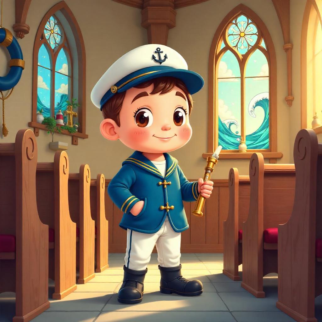 Playful Cartoon Sailor Inside a Tranquil Chapel