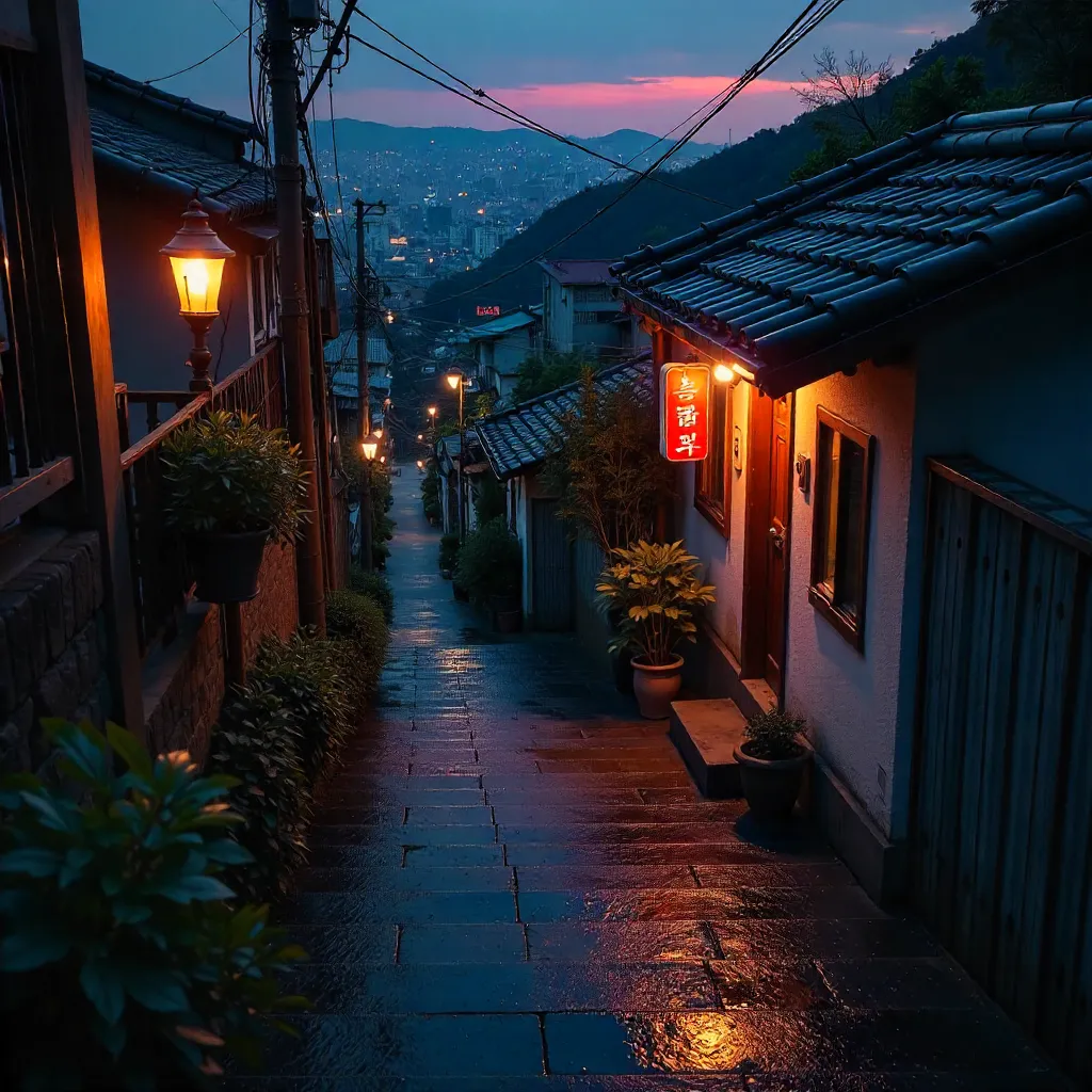 Twilight Staircase to a Seoul Neighborhood House
