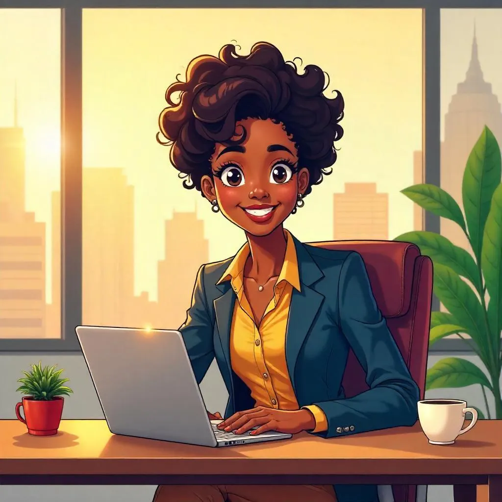 Cheerful Black Woman in Anime Office