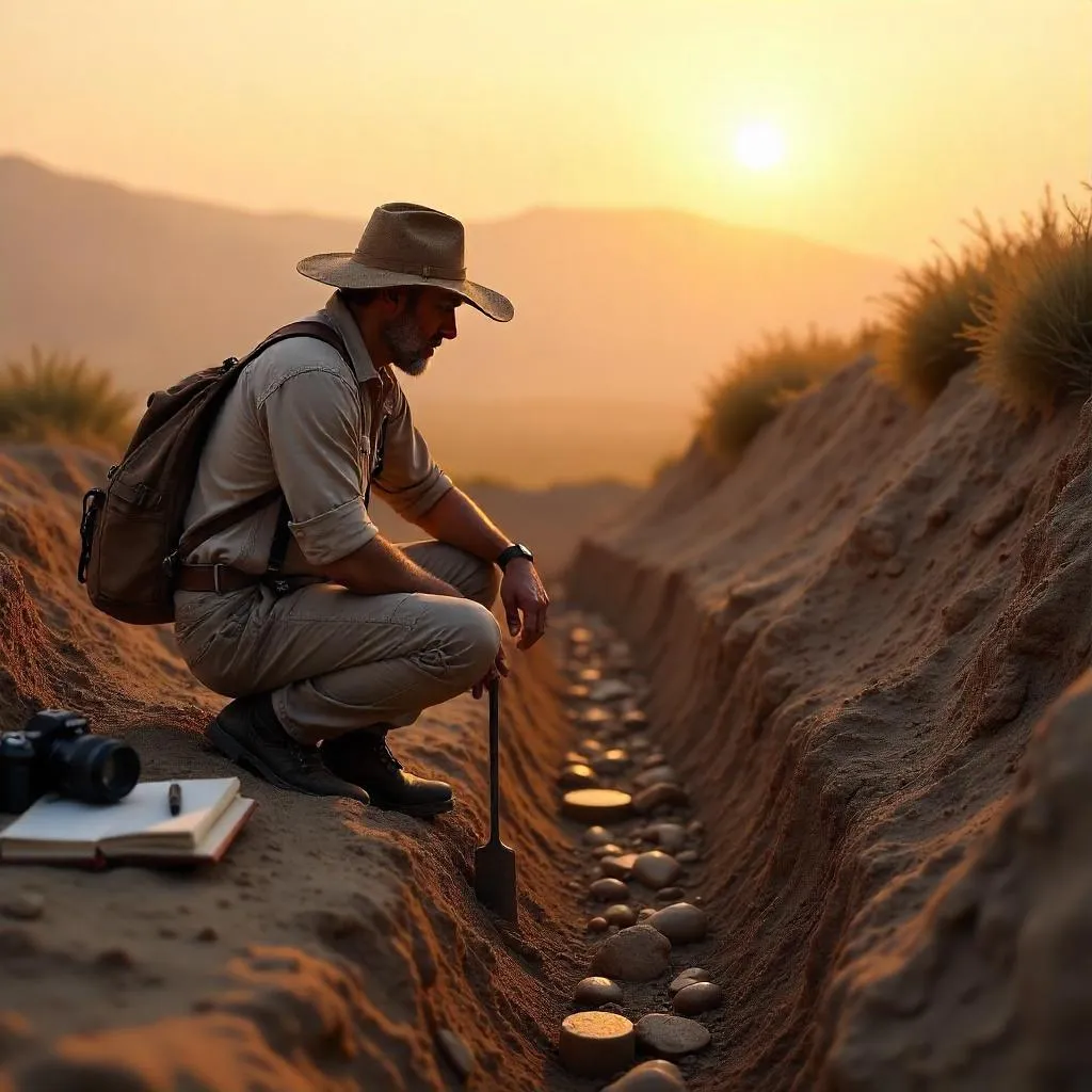 Photorealistic Sunrise Archaeologist at Dig Site
