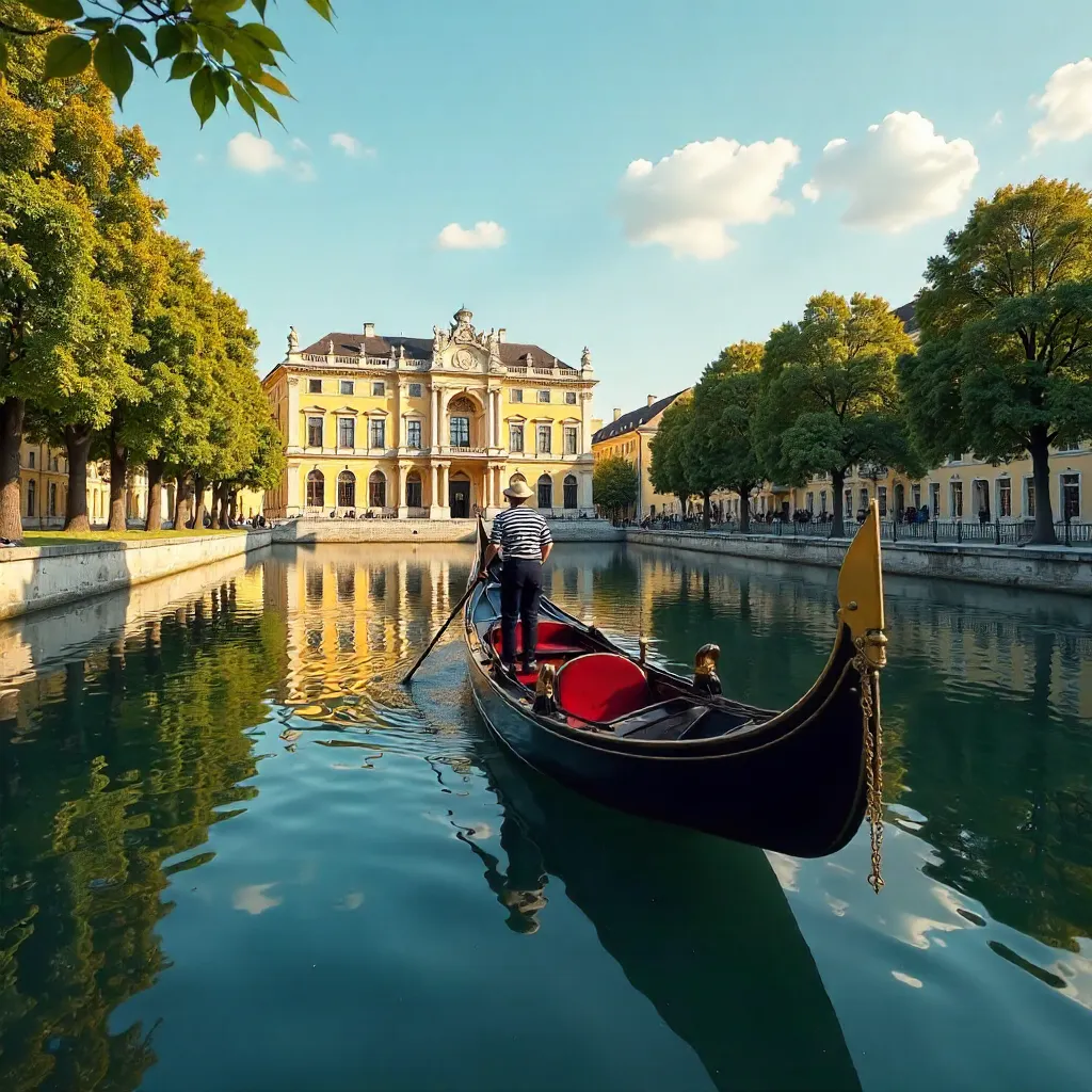 Gondola on a Serene Munich Canal Before Nymphenburg Palace