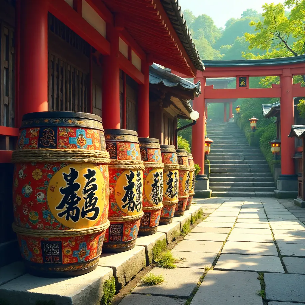 Bright Sake Barrels at a Shinto Shrine