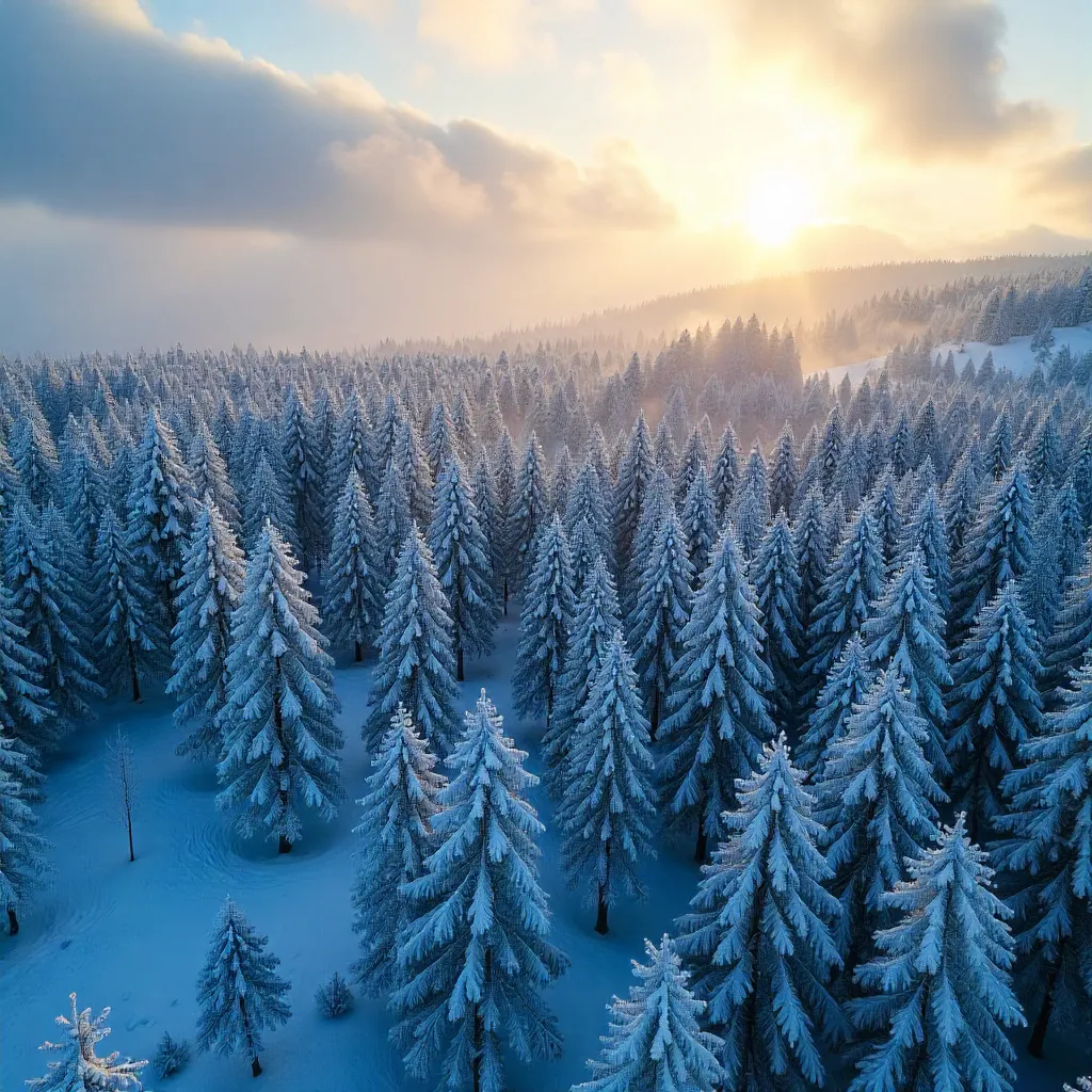 Aerial Winter Forest: Snow-Blanketed Serenity