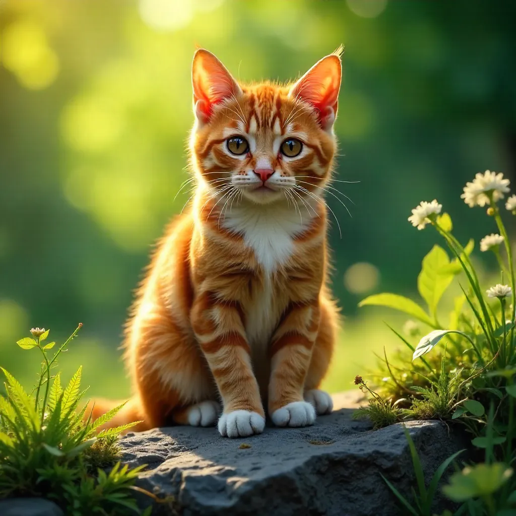 Ginger Tabby Cat on a Sunlit Rock Among Greenery