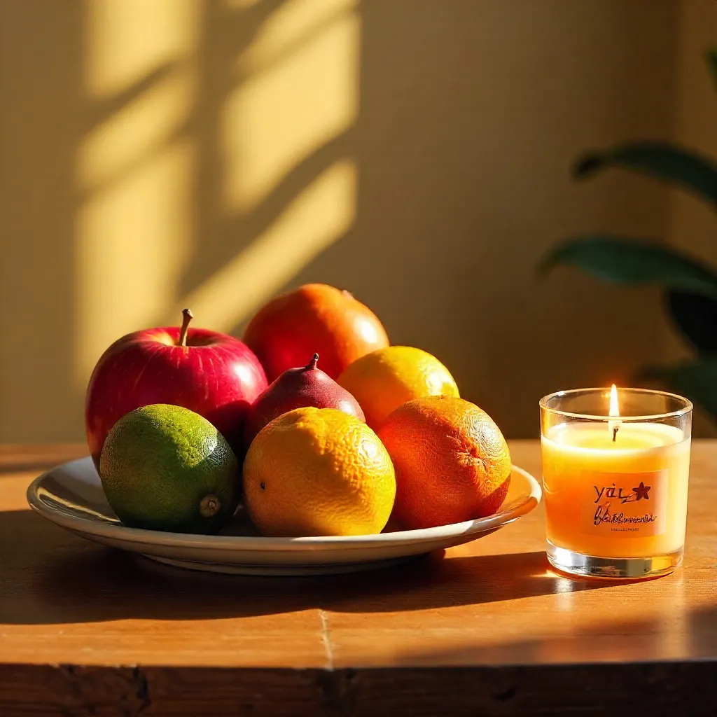 Cozy Still Life: Vibrant Fruits and Yuzu Blossom Candle