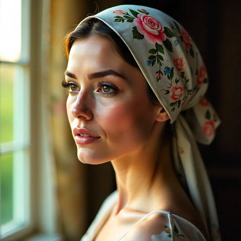 Elegance in Bloom: Portrait of a Woman with a Floral Headscarf