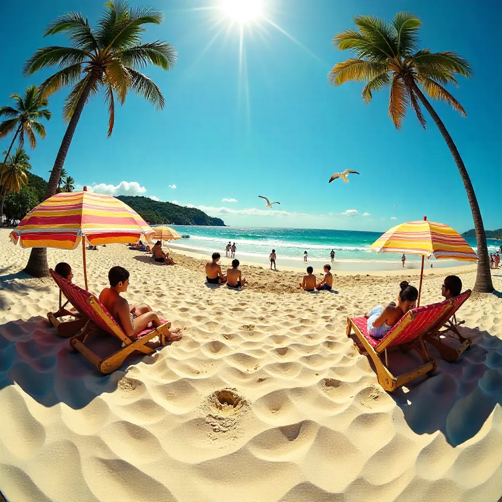 Sunny Beach Fisheye: Umbrellas and People Enjoying Summer