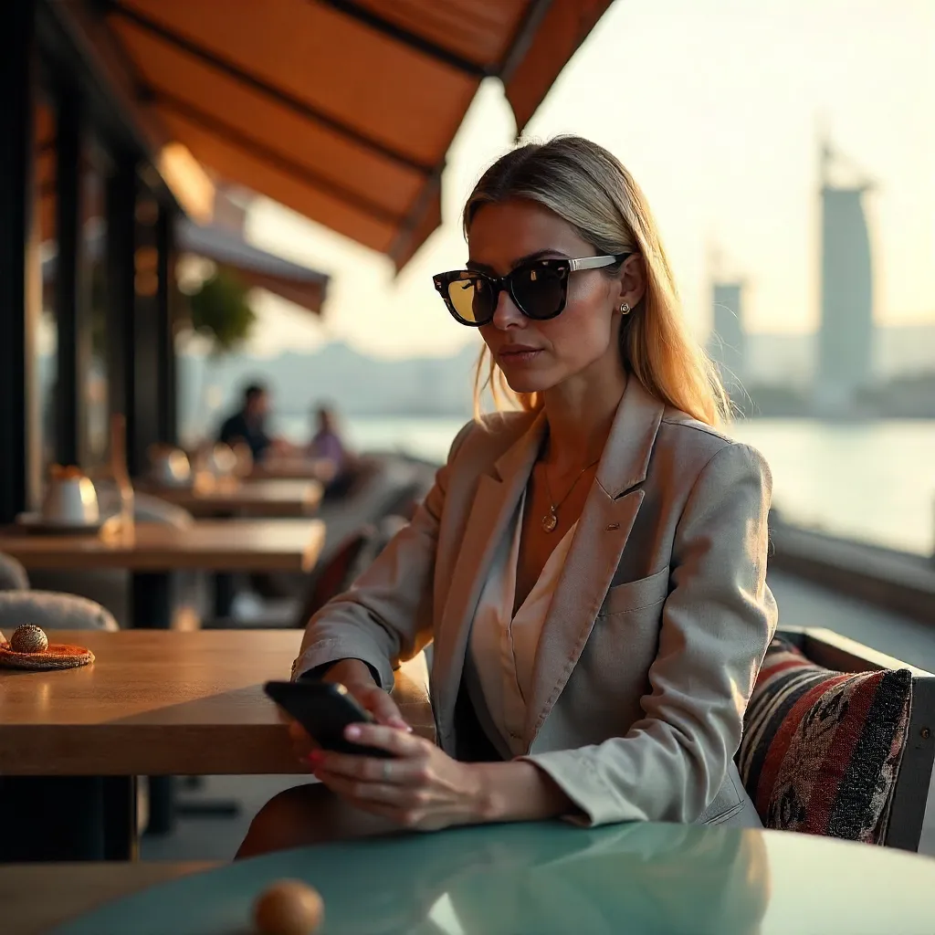 Stylish Woman at Trendy Baku Café with Phone