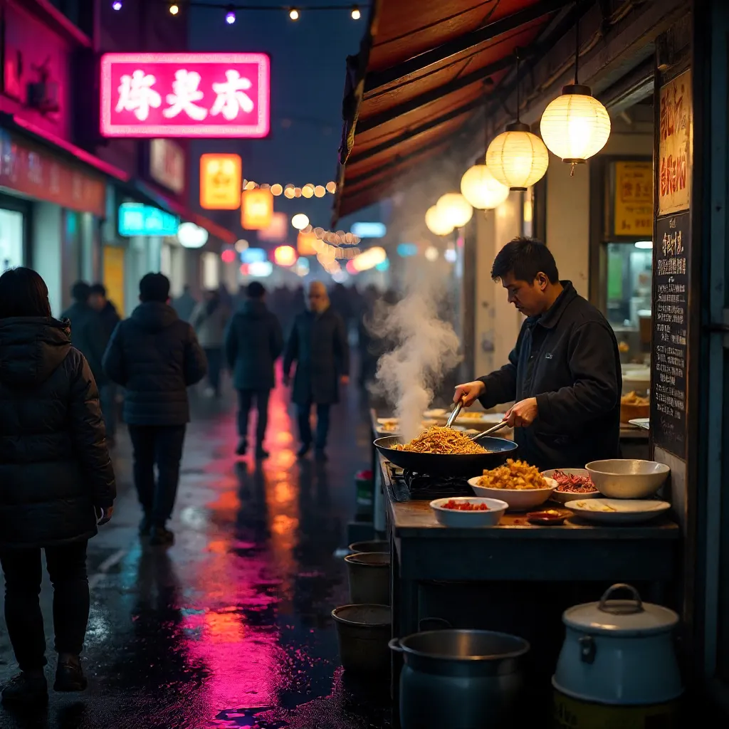 Neon Night Market: Lively Street Food Stall