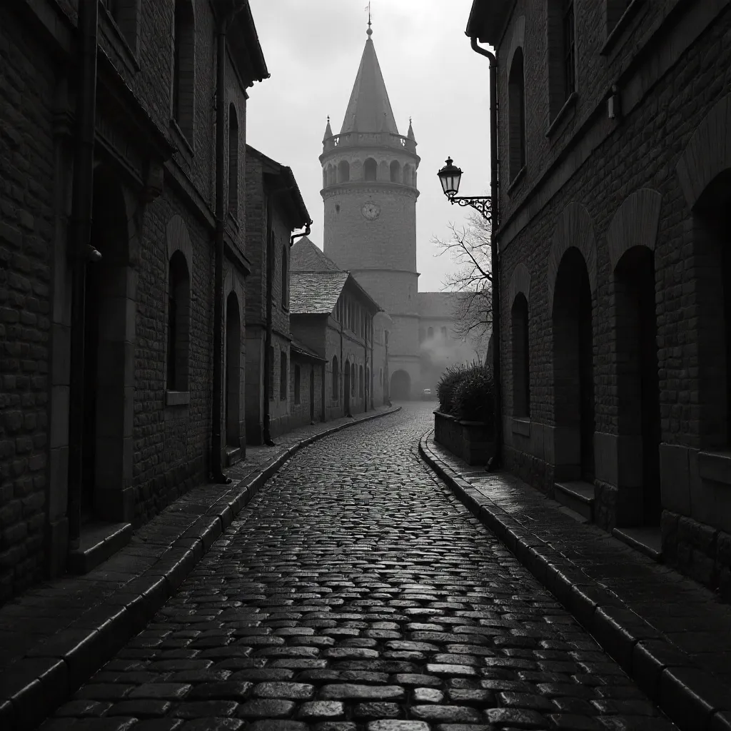 Monochrome Cobblestone Street and Historic Tower
