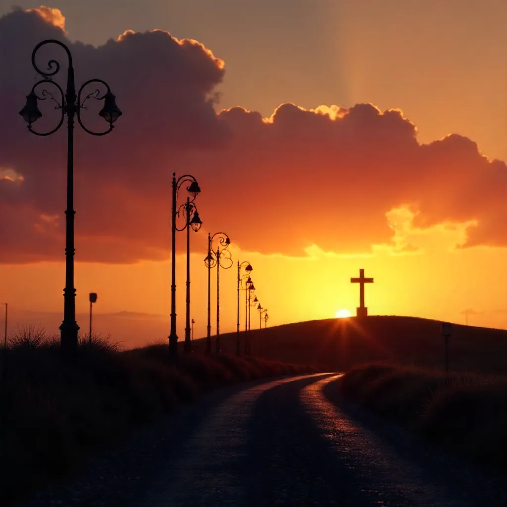 Silhouette of Lampposts and Cross at Sunset