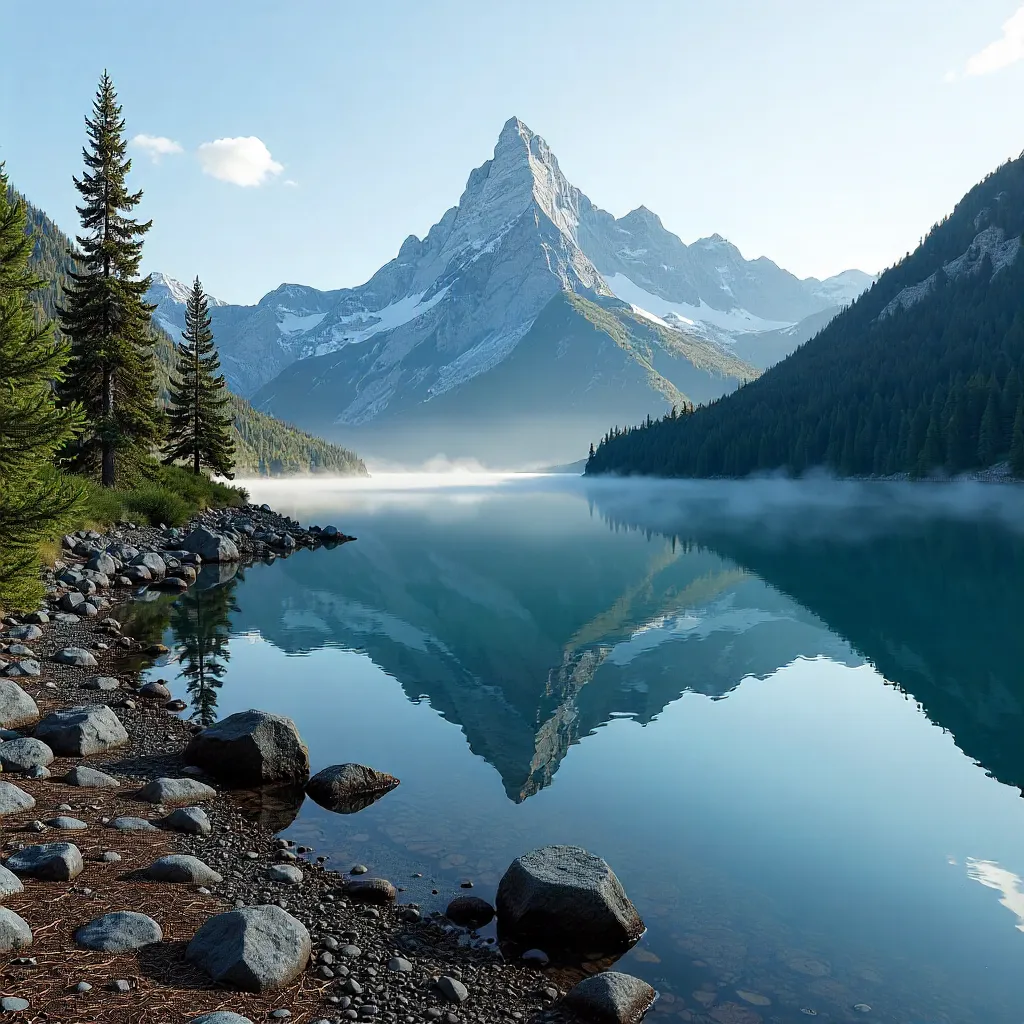 Calm Alpine Lake with Mountain Backdrop and Rocky Shore