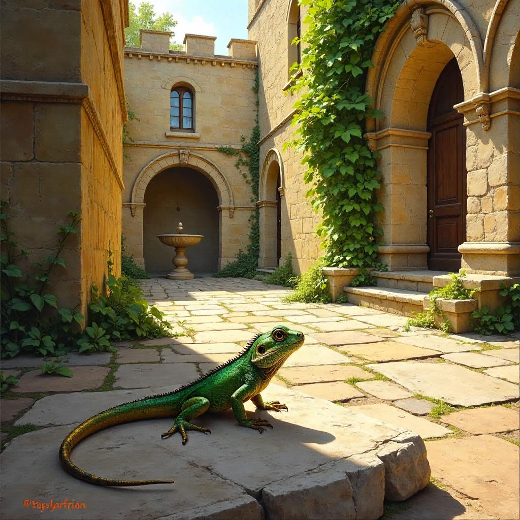 Lizard in the Castle Courtyard, Oil Painting