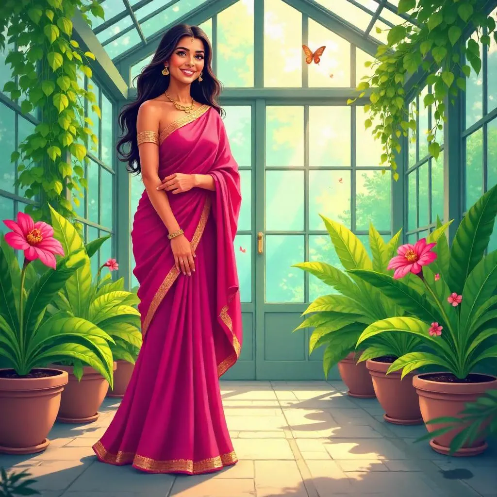 Cartoon Indian Woman in a Lush Conservatory