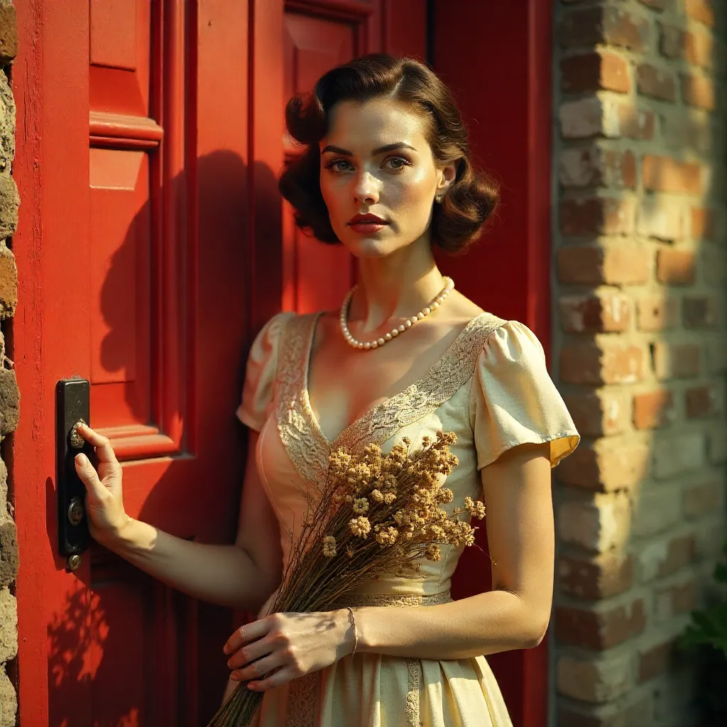 Elegant Vintage Woman by a Red Door