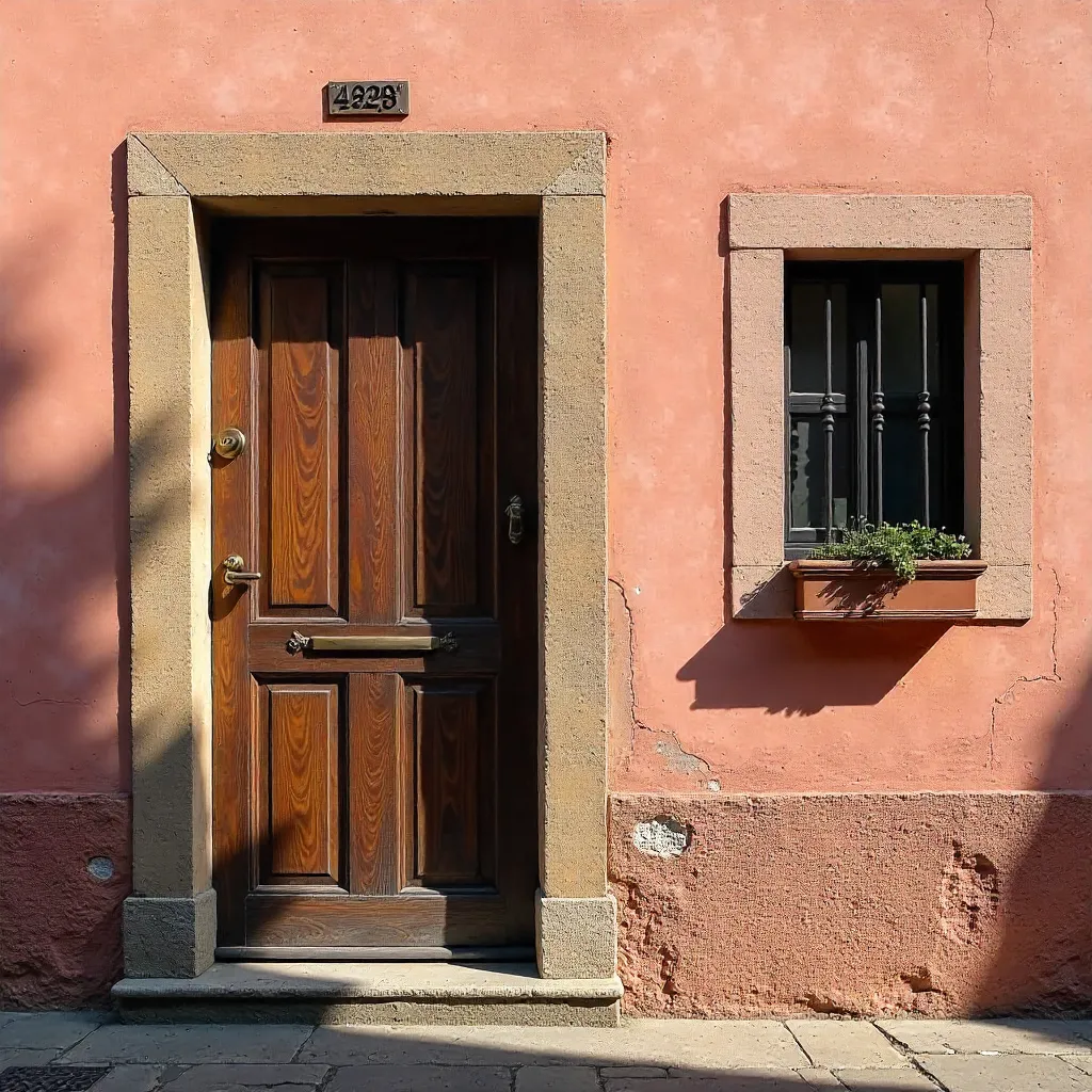 Rustic Pink Door in Sunlit Plaster Wall