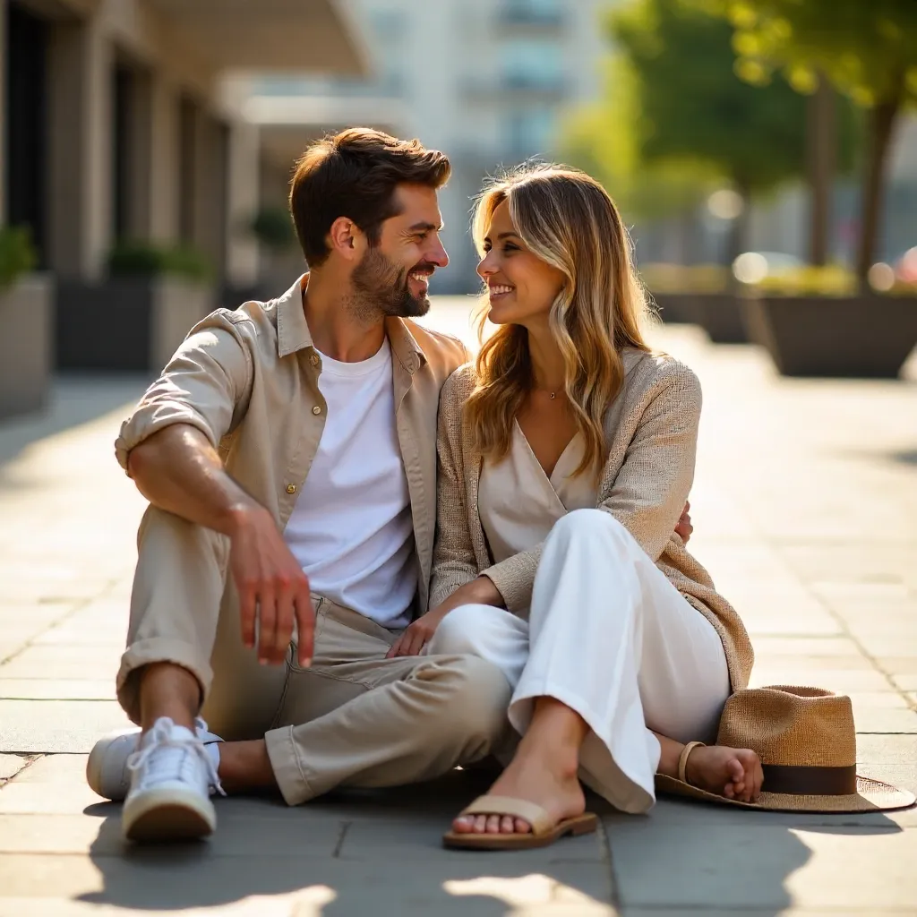 Sunlit Beige & White Casual Couple on Paved Ground