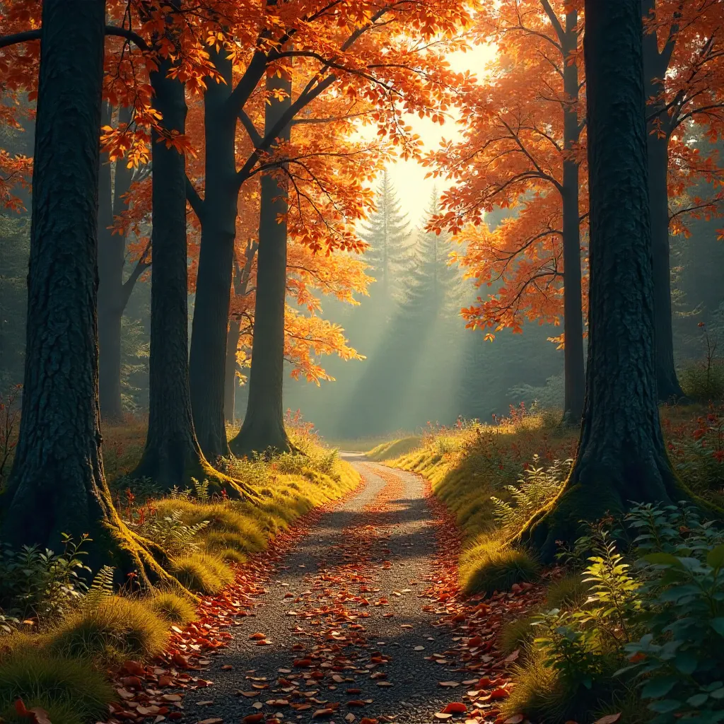 Autumnal Forest Pathway: Tranquil Walk Among Tall Trees