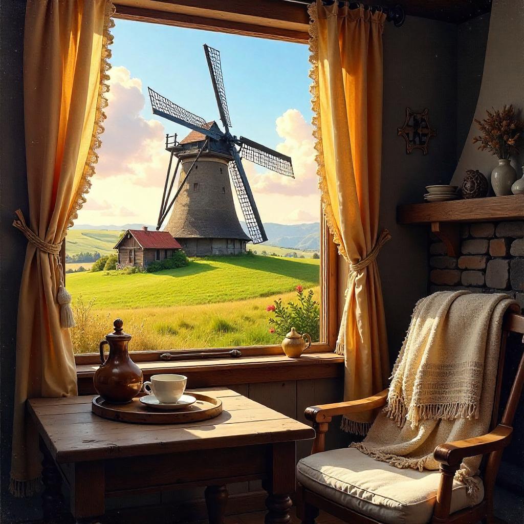 Cozy Cottage Window View: Windmill in Oil Light