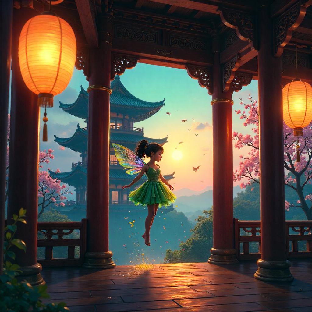 Pixie in a Moonlit Pagoda: Digital Artwork