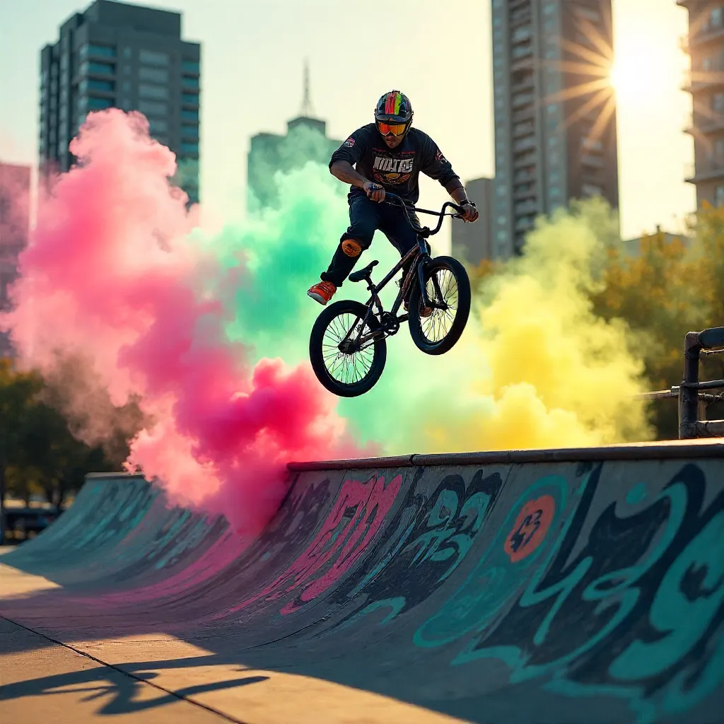 Aerial BMX Stunt with Colorful Smoke in the Urban Park