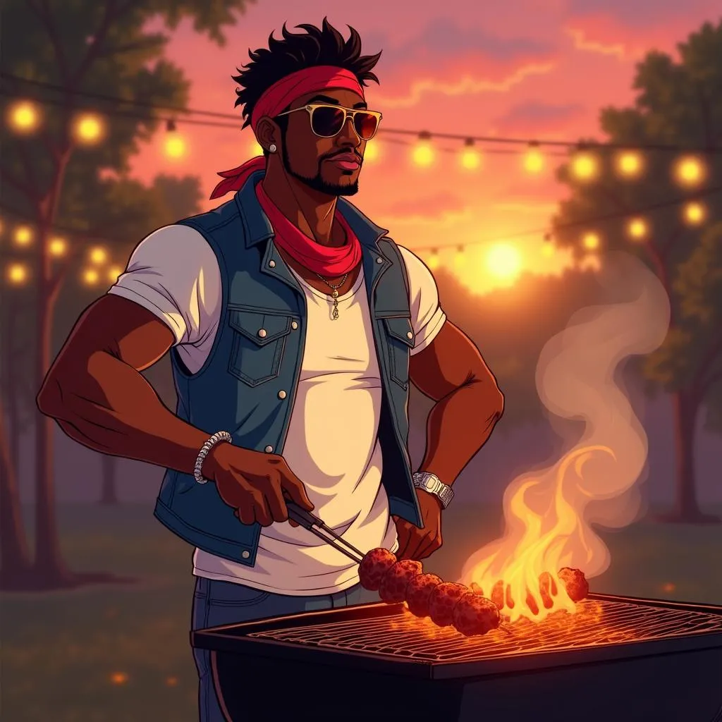 Confident Black Man at a Barbecue - Anime Style