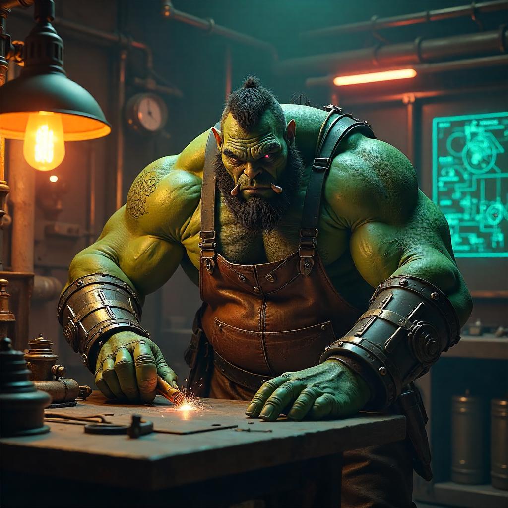 Ogre Cyborg in a Neon Steampunk Workshop