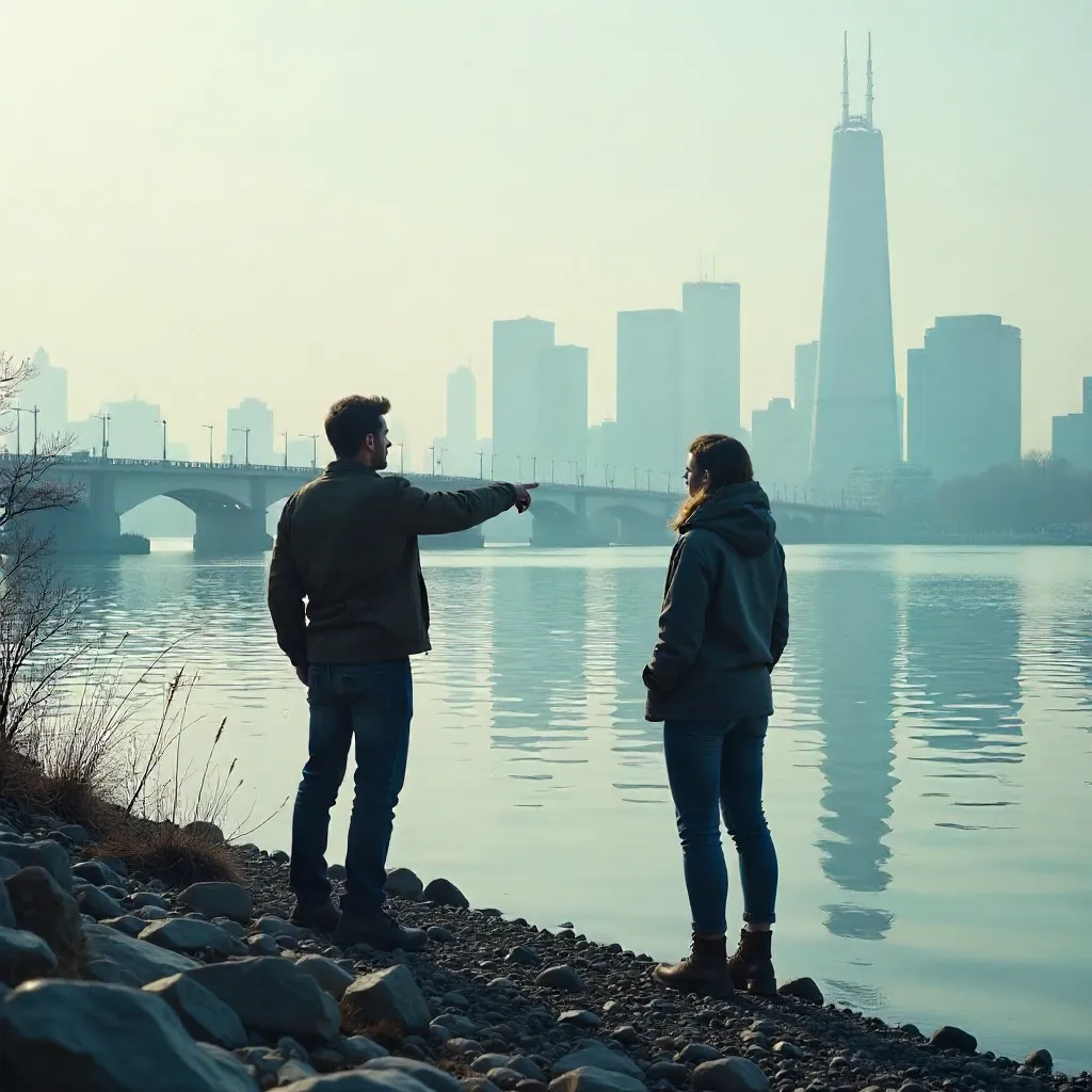 Two by the River under a Hazy City Skyline