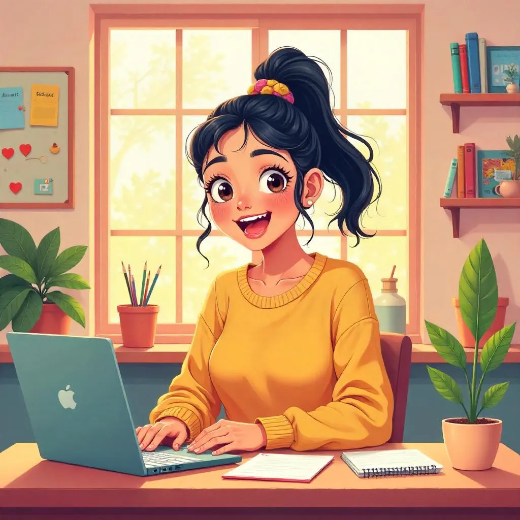 Cheerful Latina Girl in an Anime Workspace