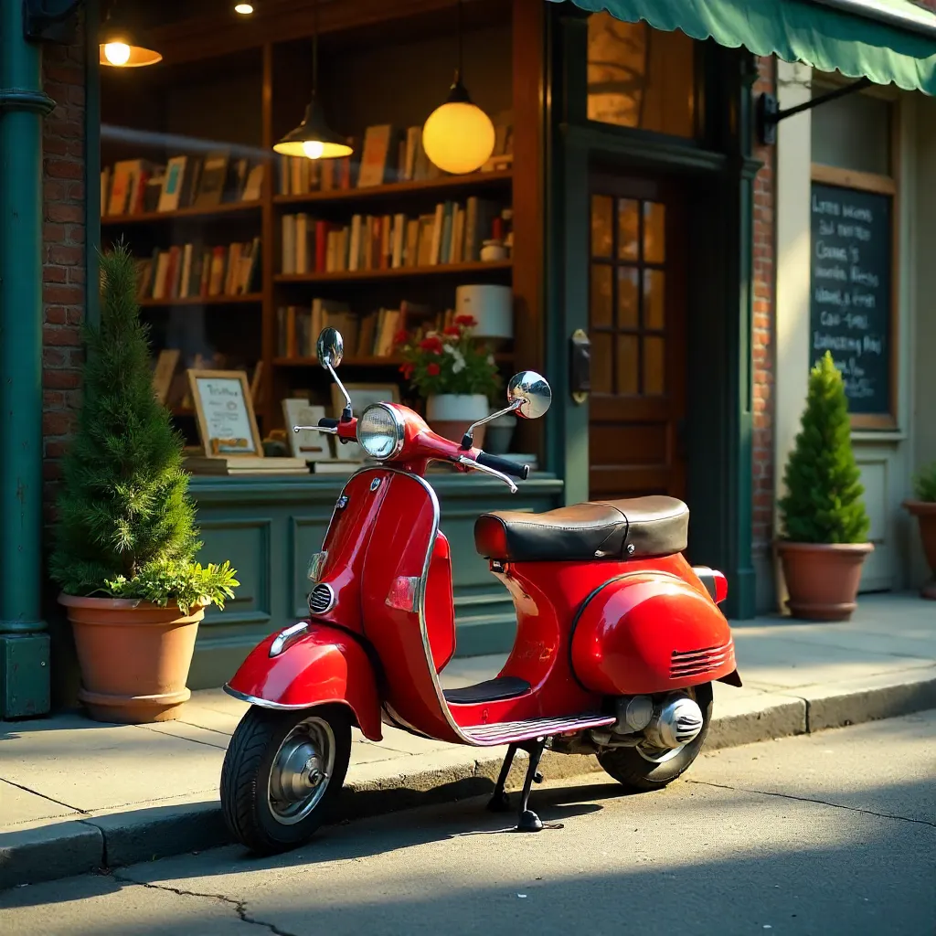 Sunlit Red Scooter by the Bookstore Facade